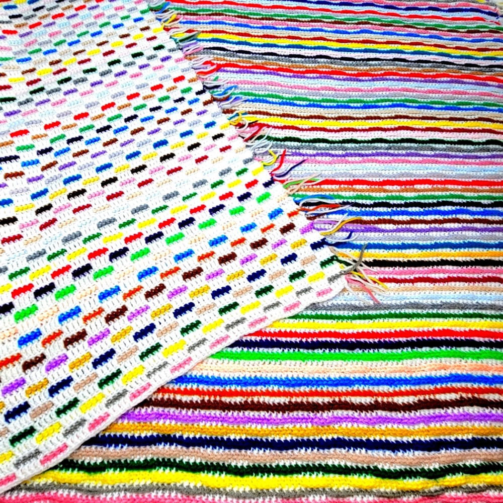 Large Vintage Crochet Blanket Double Sided Handmade Bedspread Afghan Colorful